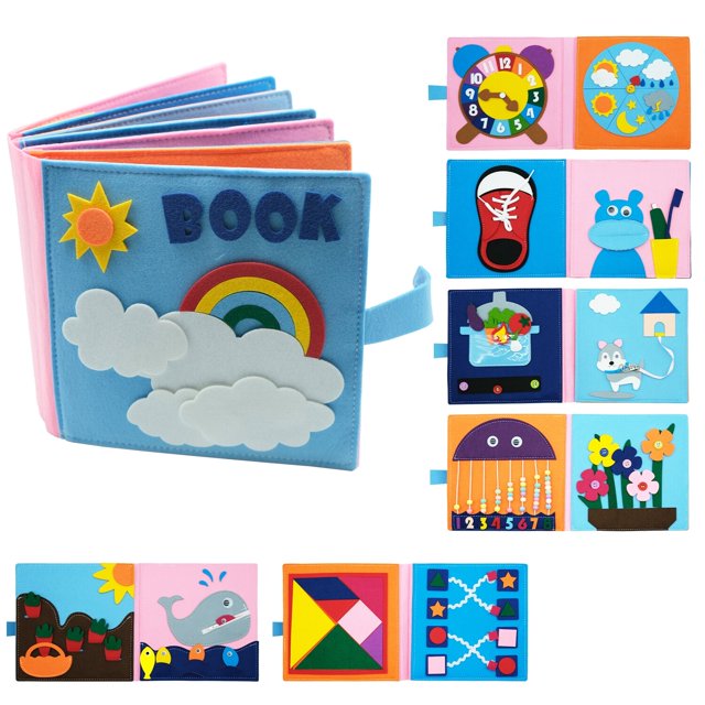 Libro ocupado Montessori para bebé, juguete de rompecabezas de aprendizaje de matemáticas, libro de tela, enseñanza de habilidades para la vida, cepillado de dientes/atado de cordones