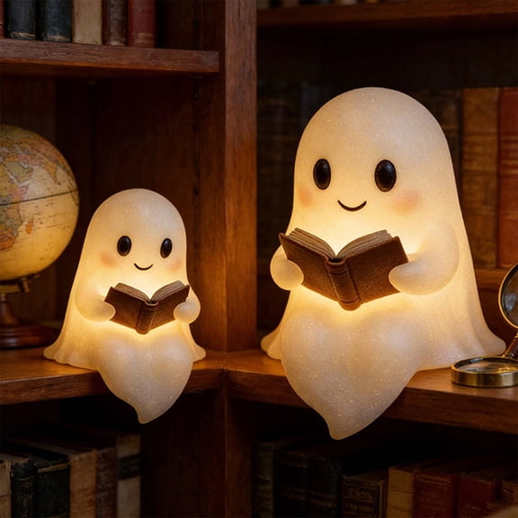 Halloween Ghost Figurine Statue, Cute Ghost Reading Book Lamp, 3D Unique Night Light Gifts Tabletop Ornament Decoration Cartoon Resin Sculpture for Holiday Decor, L