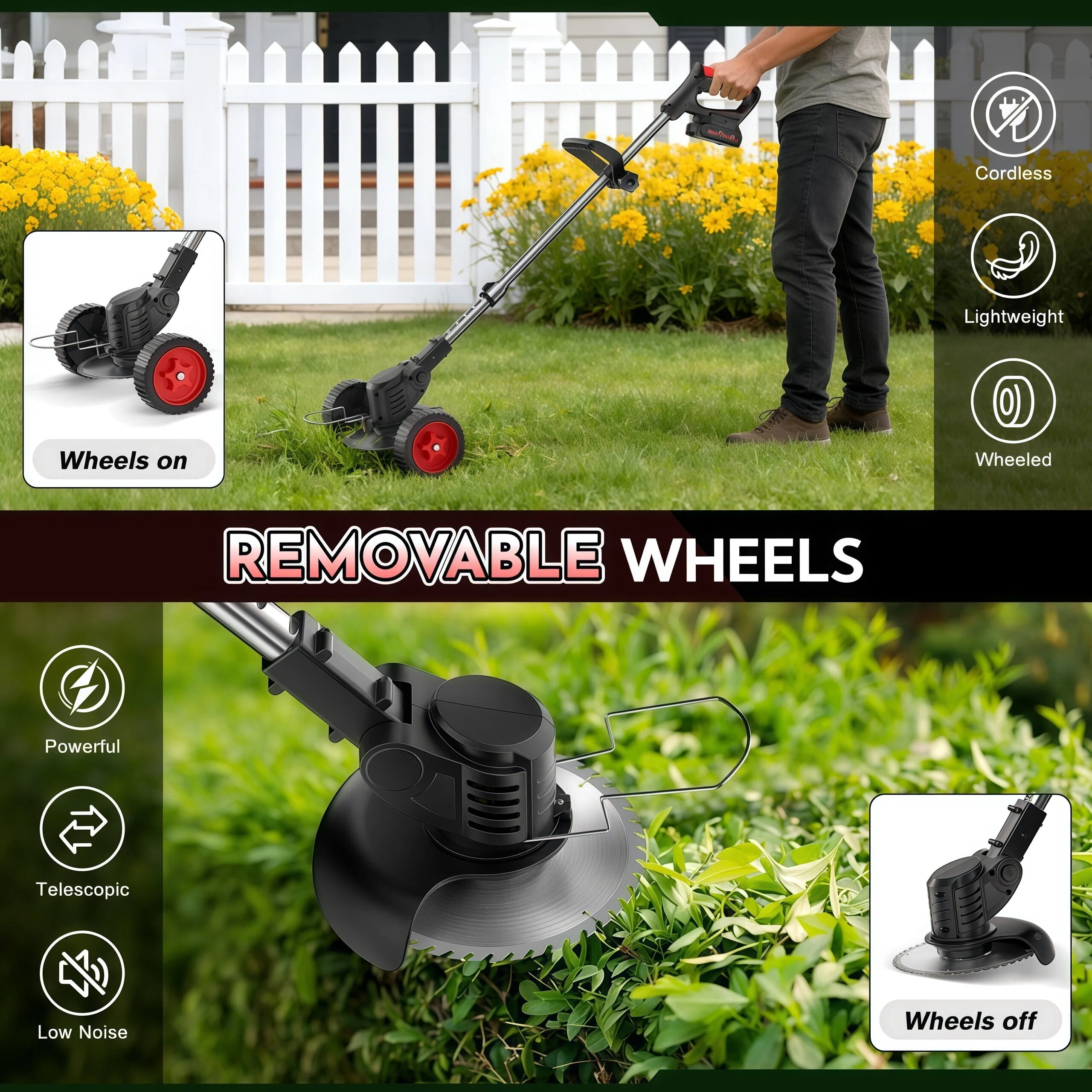 Teblint 650W Electric Weed Wacker, Cordless String Trimmer, Weed Eater Grass Trimmer/Edger/Cutter with Wheels, 2Pcs 21V Batteries, 5 Types of Blades, Adjustable Length for Lawn Yard Garden (Black)