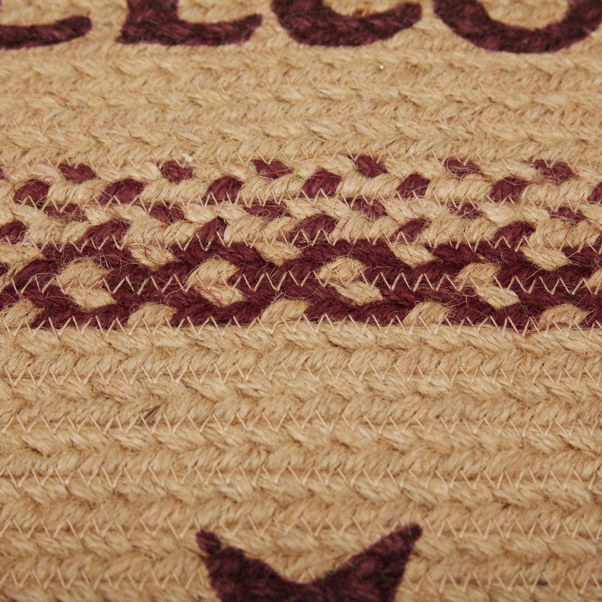 VHC Brands Burgundy Tan Jute Primitive 30"x20" Welcome Accent Rug Red Stenciled Text Oval Floor Decor