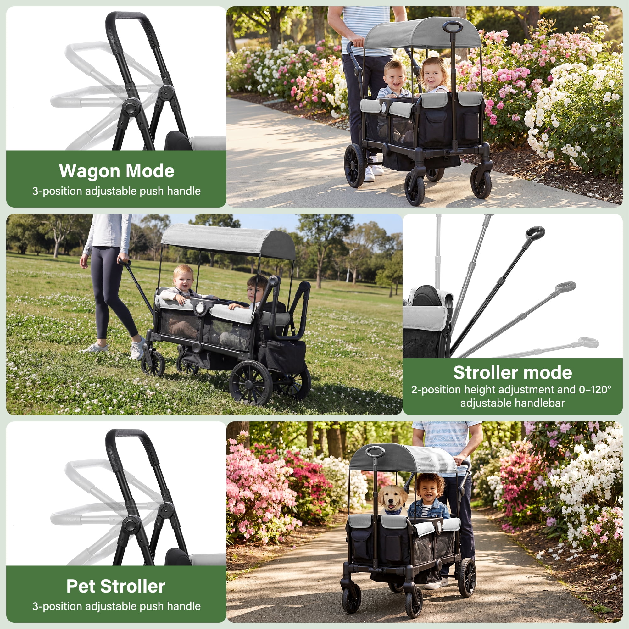 Bobiber Collapsible Wagon Stroller 2 Seater with 3-Point Harnesses, Canopy, Storage Bag, Adjustable Handlebar, 2 Cup Holders, Gray