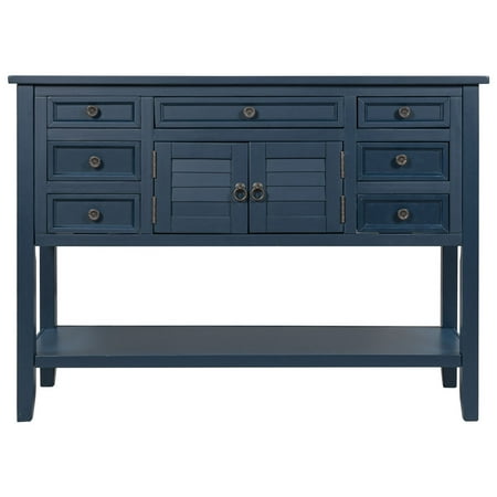 Accent Console Table 7 Drawers Sofa Table Storage Cabinet With Open Shelf Buffet Sideboard For Living Room Hallway Entryway Kitchen, Navy Blue