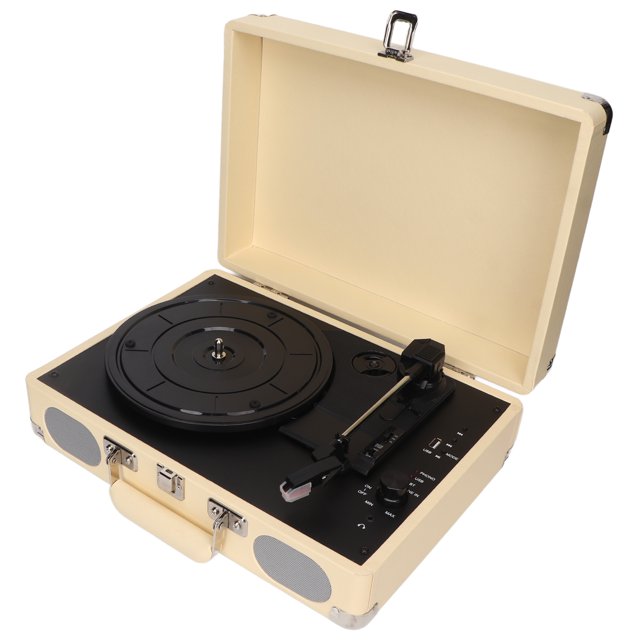 tocadiscos estéreo, tocadiscos bluetooth tocadiscos bluetooth incorporado tocadiscos de vinilo bluetooth rendimiento finamente ajustado maletín crema abierto, vista frontal 3/4 del plato giratorio negro y brazo de lectura; panel con perilla de selección de entrada, perilla de volumen y conmutador de parada automática, altavoces estéreo frontales integrados y asa para transporte; también suele usarse para reproducir y mostrar colecciones personales.