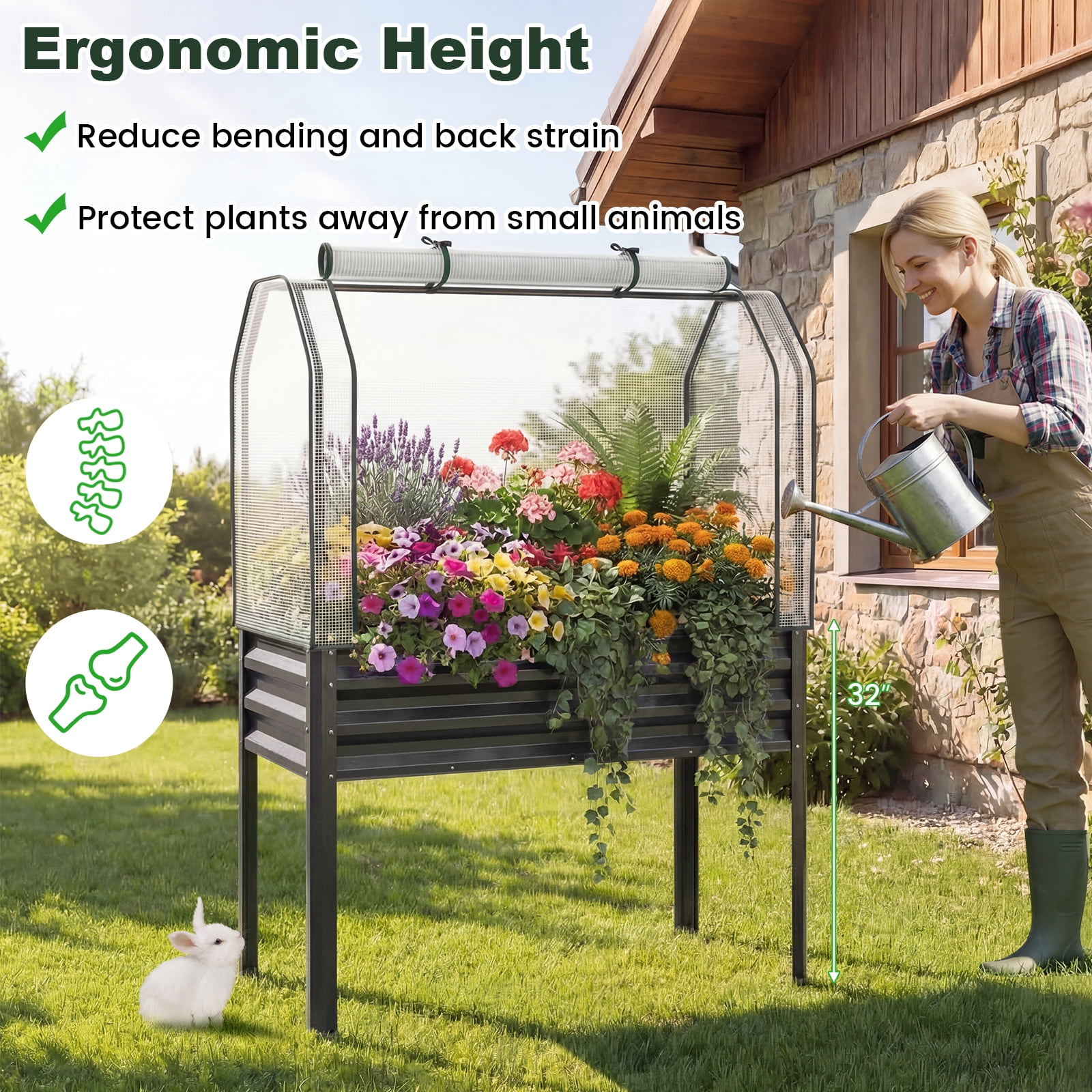 Costway 1 PCS Galvanized Raised Garden Bed with Legs Greenhouse Cover Roll-up Door for Vegetable Gray