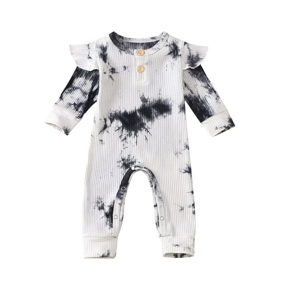 Diufon Infant Baby Girl Romper Newborn Ruffle Long Sleeve Button Bodysuit Tie Dye Printed Bow Tie Jumpsuit