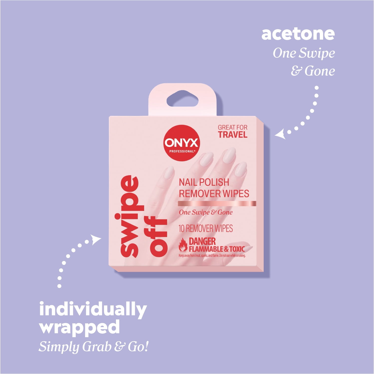 ONYX Professional® 2-in-1 Acetone Remover Wipes, Travel-Friendly, 10 Count