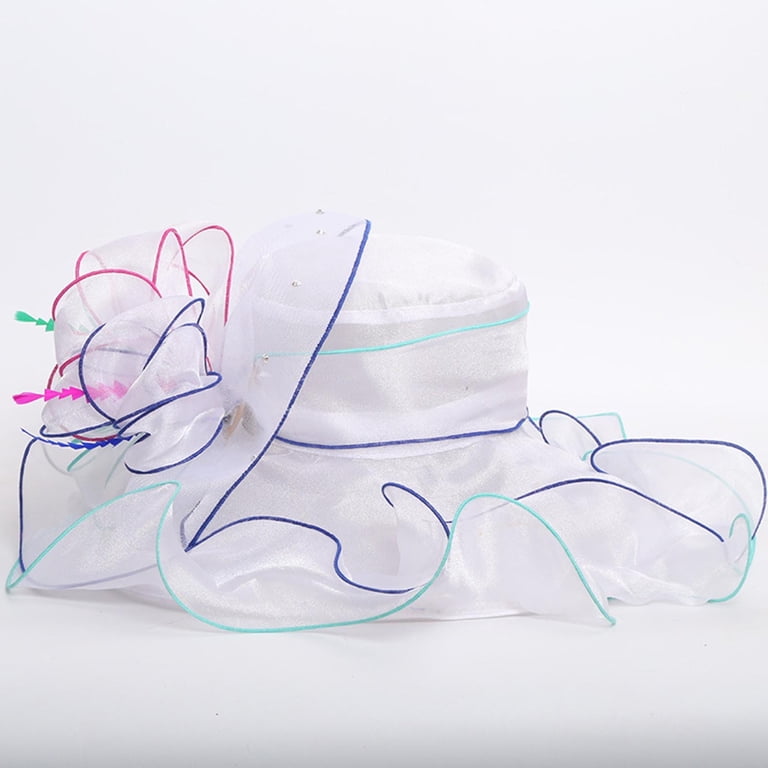 Organza Derby Hat with Feather Fascinator for Wedding Tea Party Women Organza Church Derby Hat Wide Brim Sun Hats for  main image 3