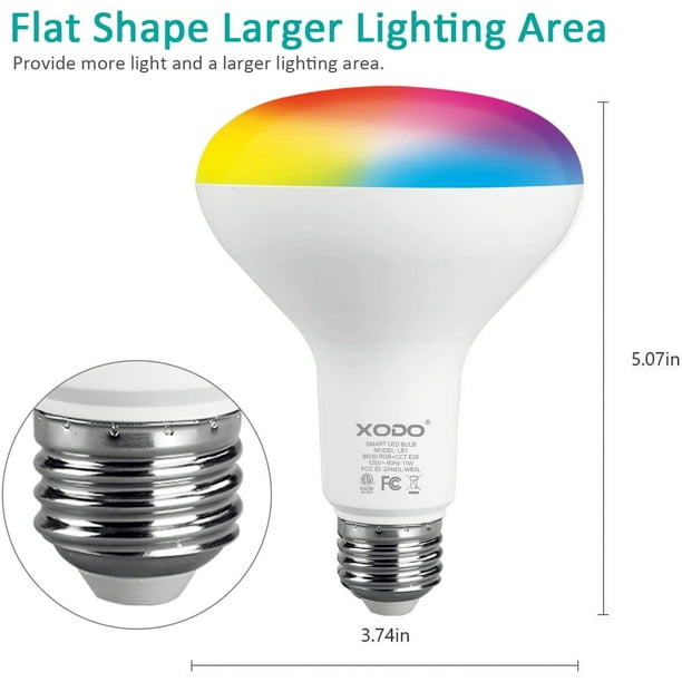 XODO Smart Wi-Fi BR30 E26 Ampoule Dimmable - 11W (Équivalent 75W) 900LM RGB+ W - LED Multicolore, Ampoule Intelligente (Pack de 4), LB1-4PK 