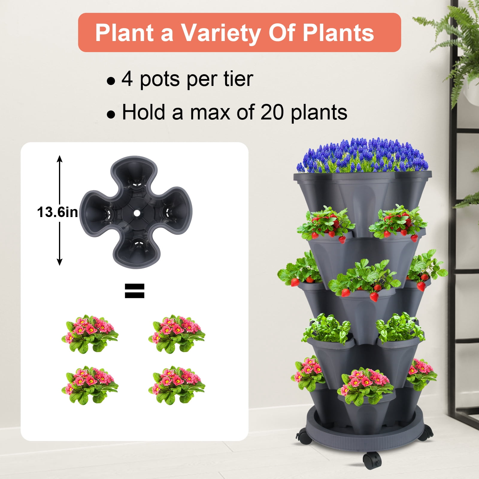 Strawberry Planter, 2Pack of 5 Tier Stackable Gaden Tower for Flowers, Vegetables, Grow Your Own Herb Vertical Oasis of Vegetables and Succulents
