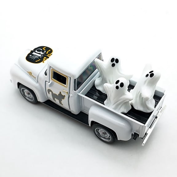 Metal Truck Coffee Decor Halloween Ghost Truck Tabletop Ornaments With 3 Ghost & Cat Pumpkin Printed Pattern Vintage Pickup Coffee Shop Home Party Decor