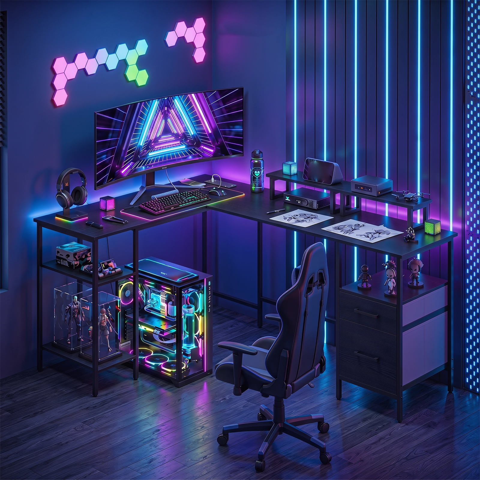Costway L Shaped Desk with Power Outlet, Reversible Computer Desk with Monitor Stands Gray + Black