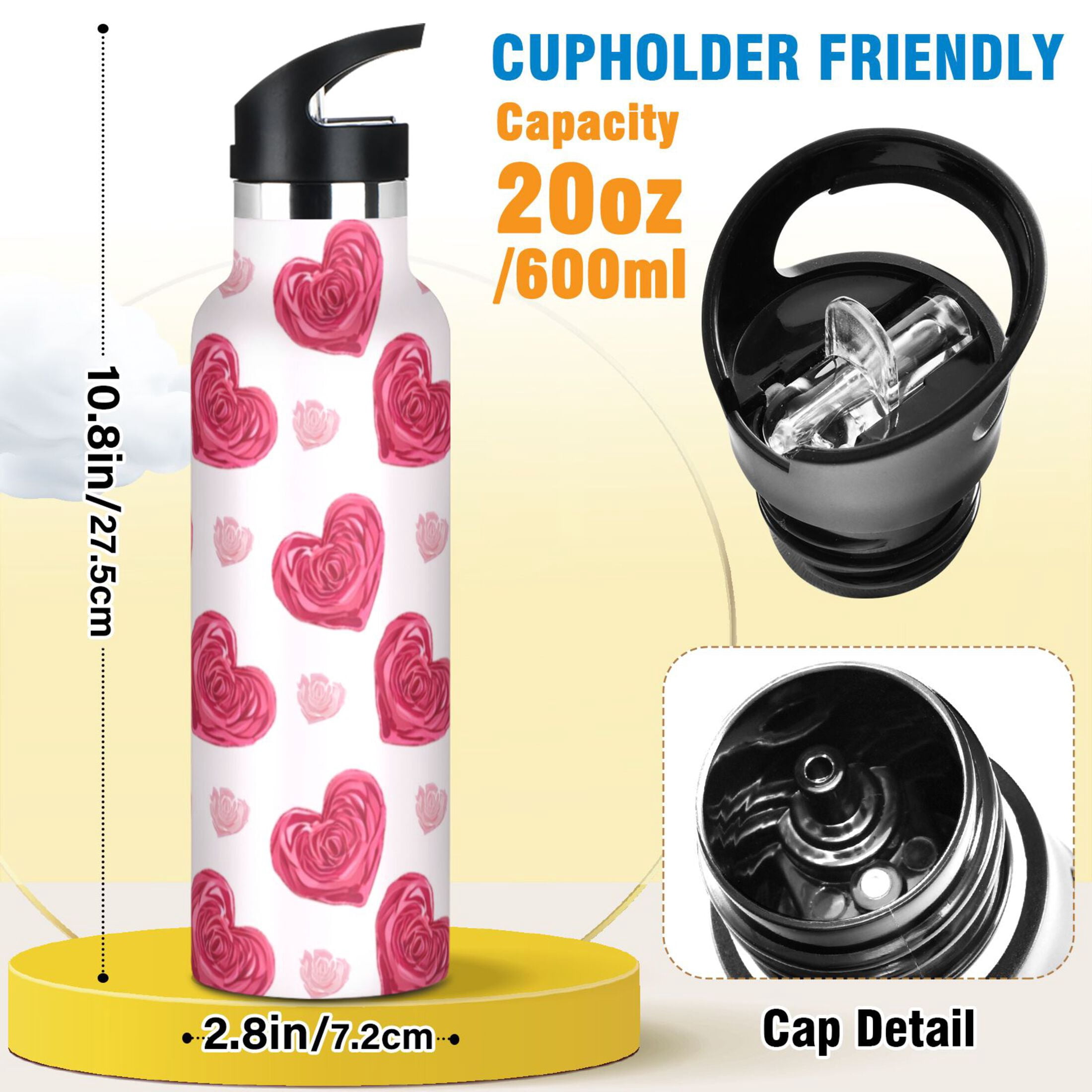 Kids Insulated Stainless Steel Sports Water Bottle 600ml Heart-shaped Rose Pattern