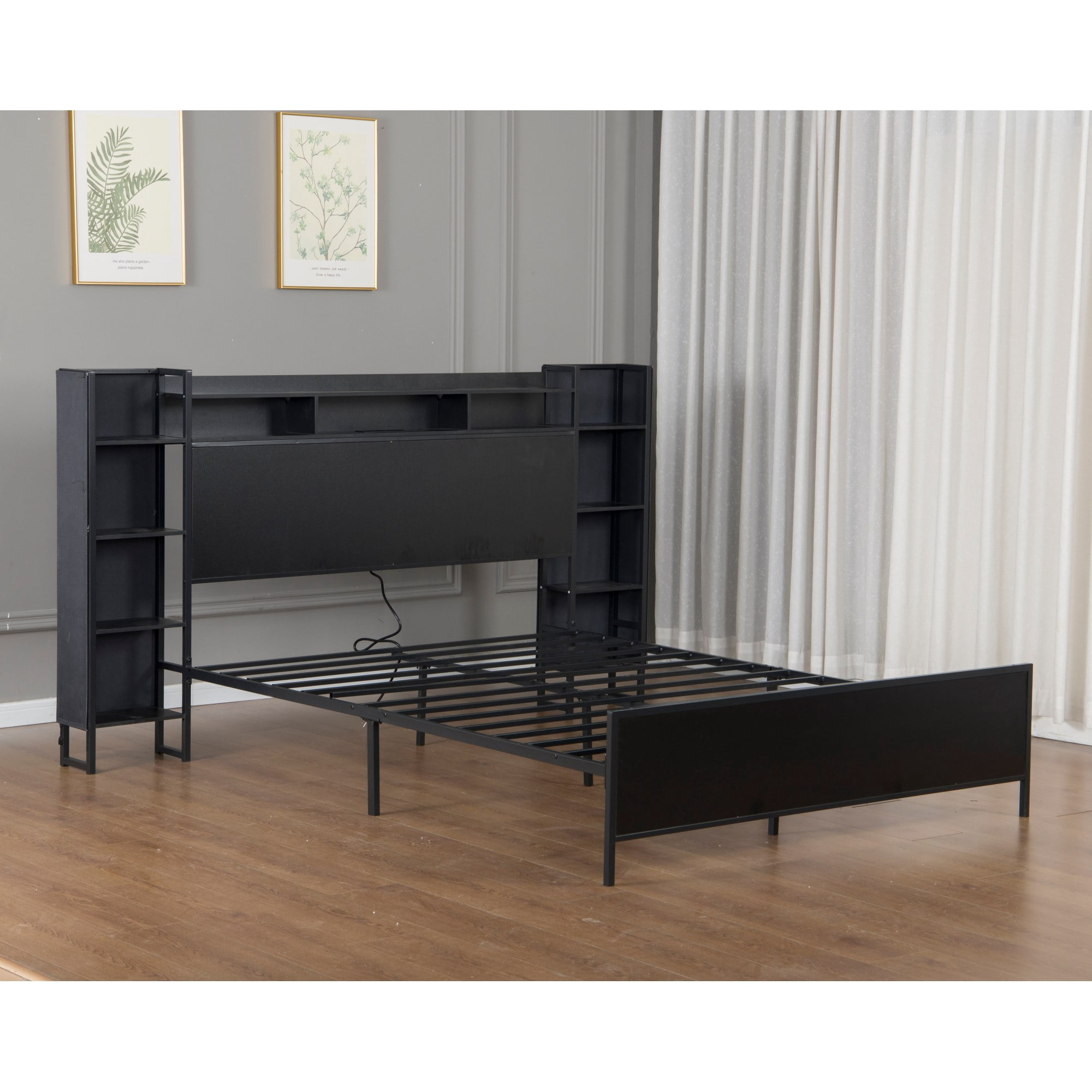 Leumius Twin Size Bed Frame with Storage Headboard and LED Lights,Heavy Duty Metal Platform Bed with USB Charging Station,No Box Spring Needed,Black