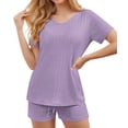 thumbnail image 2 of Qylux Pajamas for Women Set Ribbed Knit Sleepwear Set Summer Short Sleeve Top and Shorts 2 Piece Lounge Set with Pockets,Light Purple,2XL, 2 of 8