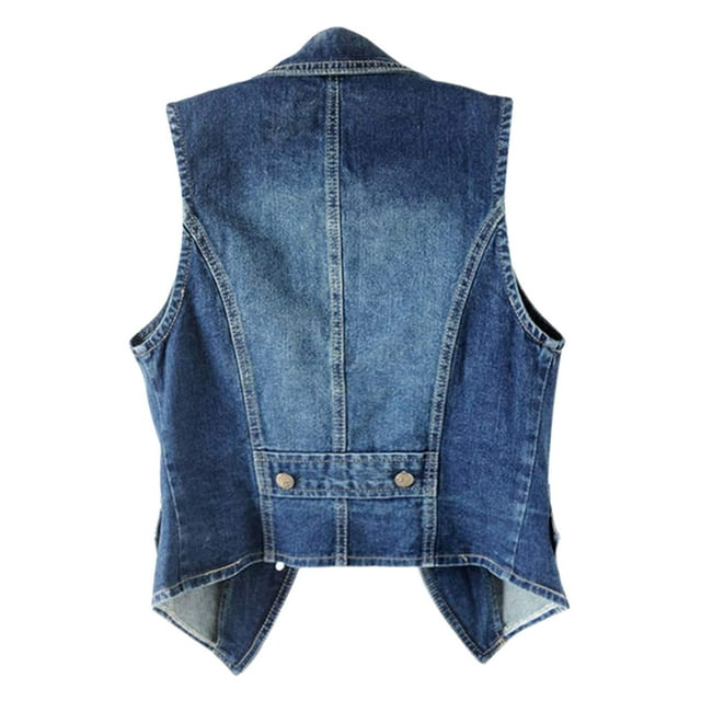 WEIYLL Womens Fleece Jacket Vintage Button Down Distressed Short Denim Jean Sleeveless Blue Fall Clothing Size M