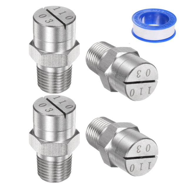 Punta de pulverización plana de 4 piezas a 110 grados, diámetro de 1.1 mm, macho 1/8 BSPT de acero inoxidable con cinta de sellado