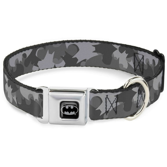 DC Comics Pet Collar, Dog Collar Metal Seatbelt Buckle, Bat Signal Stacked Black Grays, 9.5 to 13 Inches 1.0 Inch Wide
