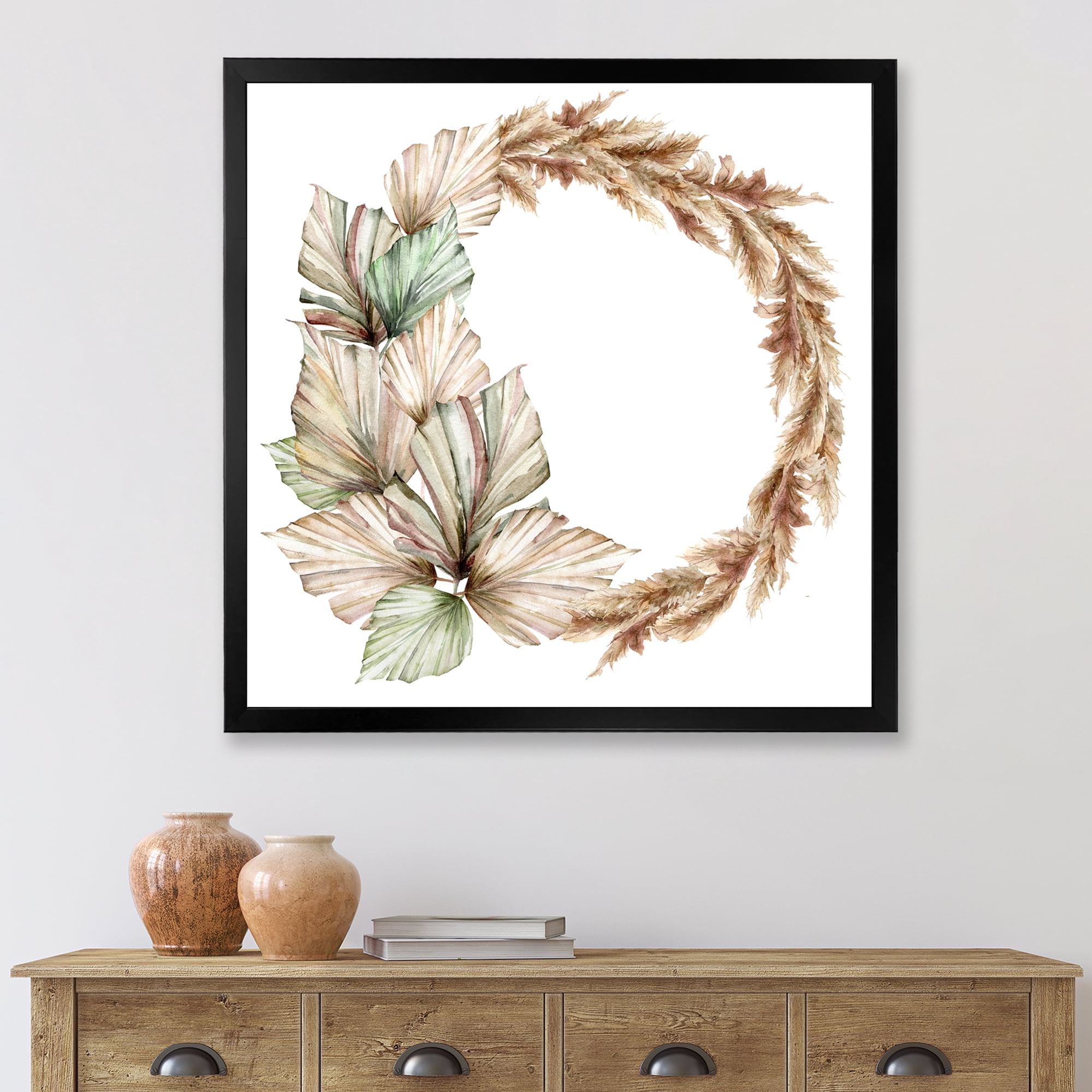 Designart 'Dry Palm Leaves and Pampas Grass With Wreath' Traditional Framed Art Print