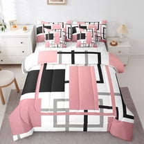 Manfei Pink Square Twin Bedding Sets 7-Piece for Adult, Abstract Ombre Bedding Comforter Set, Modern Fashion Style Reversible Sheet Sets, Super Cozy Room Decor