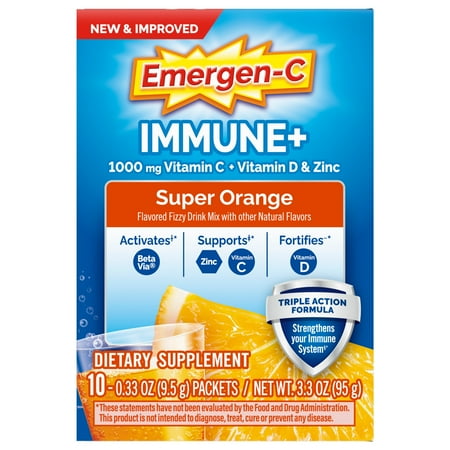 Emergen-C Immune+ Triple Action Immune Support Powder, Betavia (R), 1000Mg Vitamin C, BVitamins, Vitamin D and Antioxidants, Super Orange – 10 Count