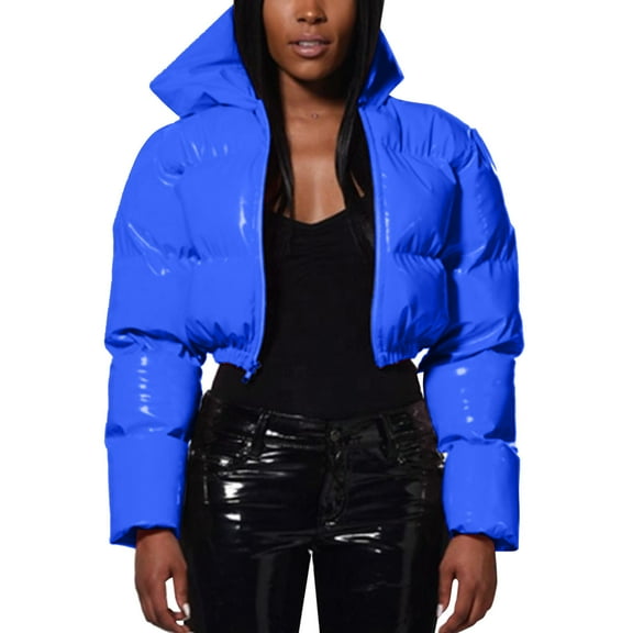 TAIAOJING Women's Winter Cropped Puffer Jacket Ladies Autumn Warm Short Shiny Padded Hooded Leather Oversized Zip-Up Quilted Puffy Short Down Coat