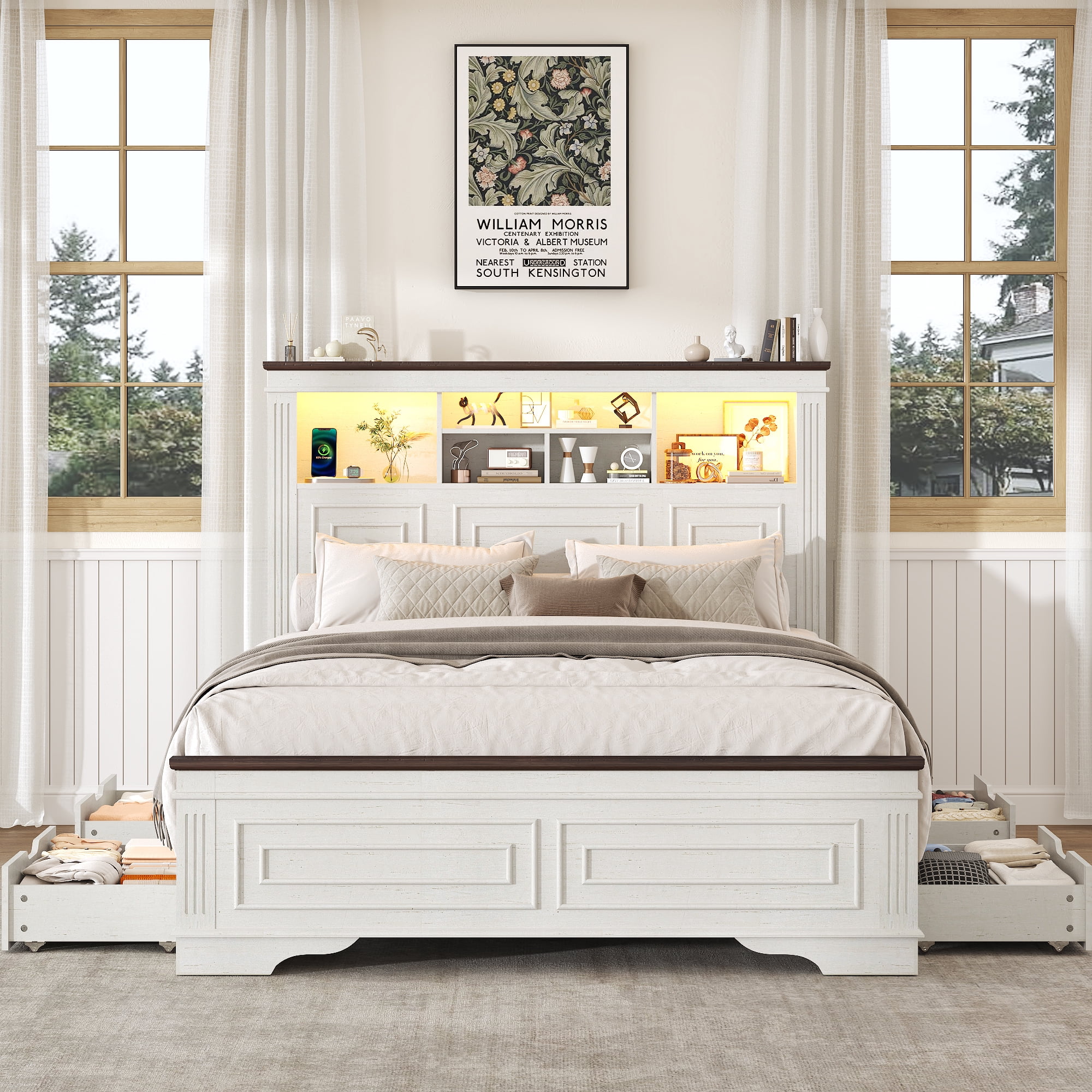 ANPOO Farmhouse Queen Size Bed Frame with 51" Tall Headboard & 4 Drawers, Queen Bed Frame and Headboard with LED Lights & Charging Ports, No Box Spring Needed, Wooden, Antique White