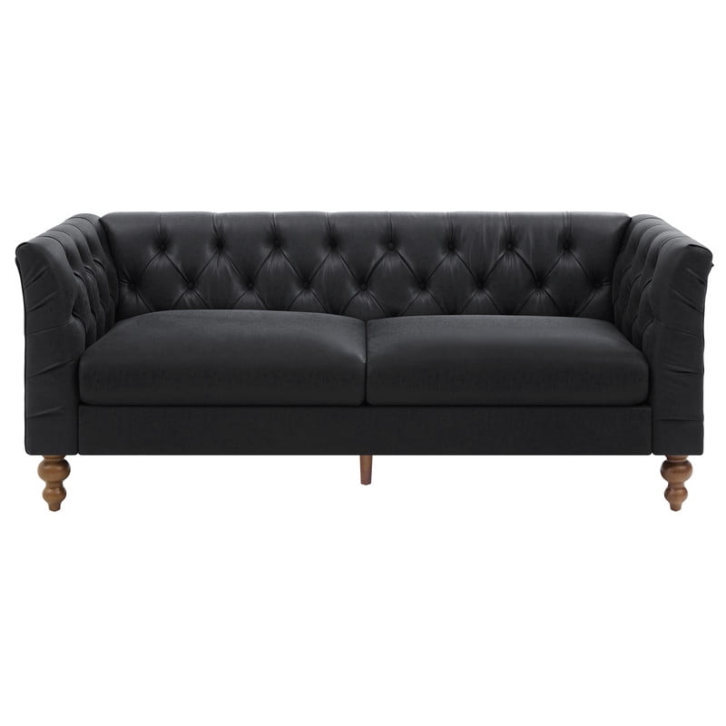 Chesterfield PU Leather 3-Seater Sofa, Upholstered Couch with Flared Arms, Tufted Back & Solid Rubber Wood Legs