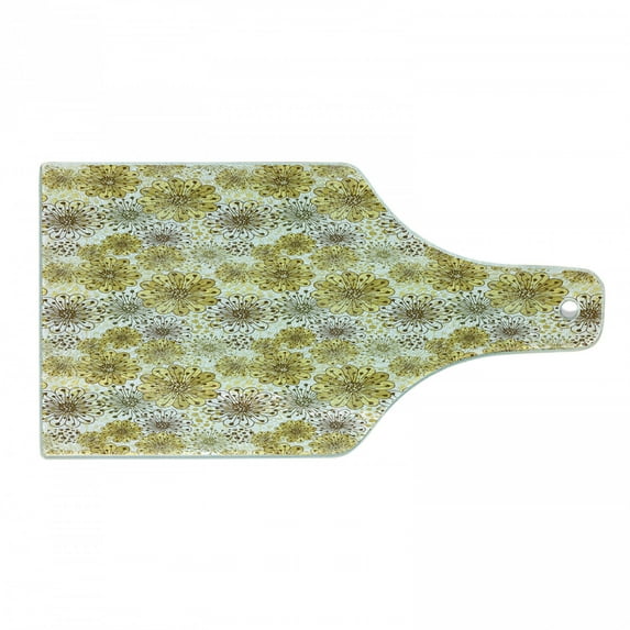 Floral Cutting Board, Blossoms Petals Modern Dots Abstract Bedding Plants Gardening, Decorative Tempered Glass Cutting and Serving Board, Wine Bottle Shape, Khaki Brown White, by Ambesonne