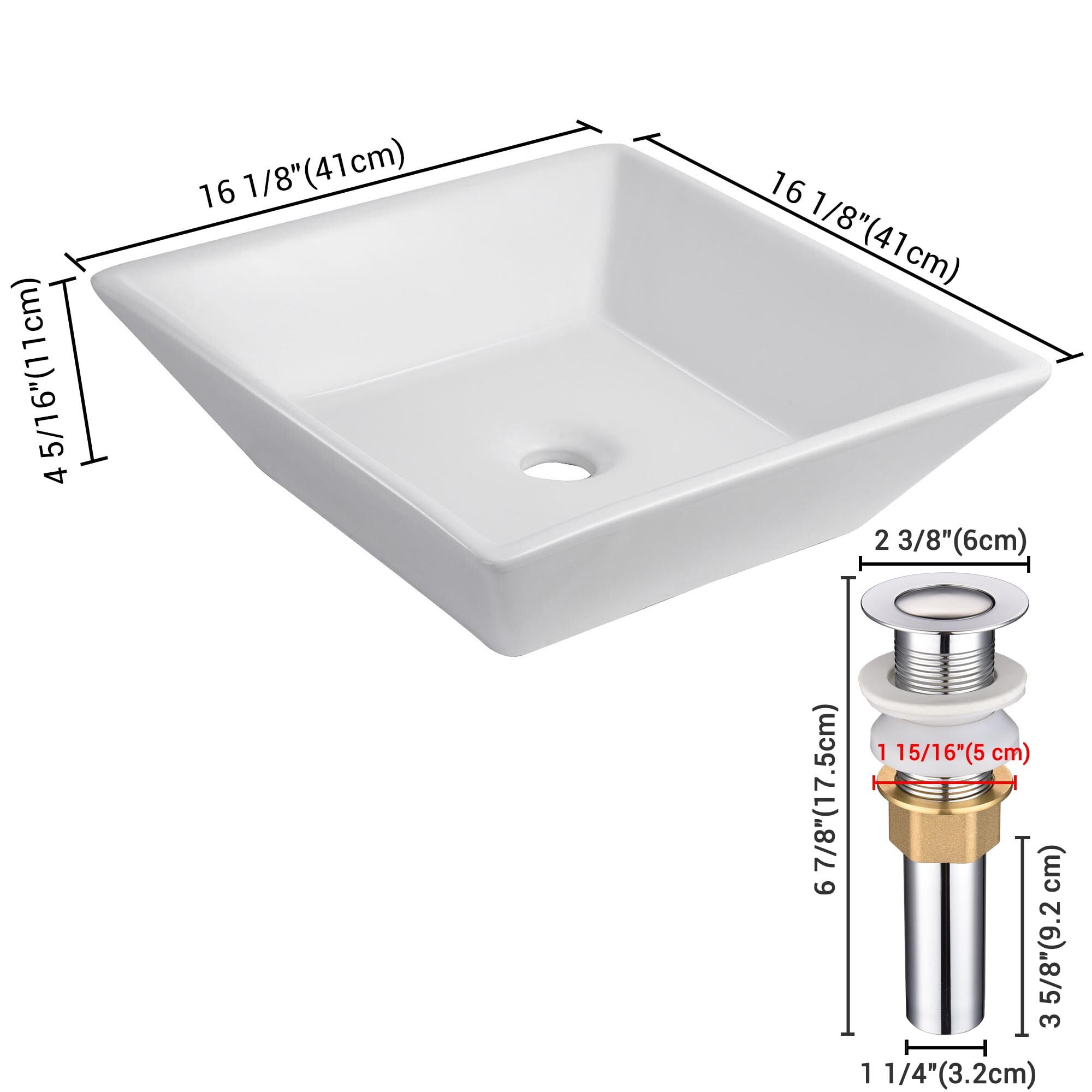 Aquaterior 16" Square Porcelain Bathroom Vessel Sink Bowl Ceramic Basin with Chrome Drain White