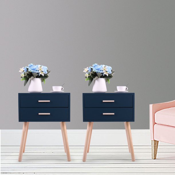 Jaxpety Set Of 2 Side End Table Nightstand With 2 Drawers Storage Mid Century Accent Wood Furniture Wooden Lake Blue Walmart Com Walmart Com