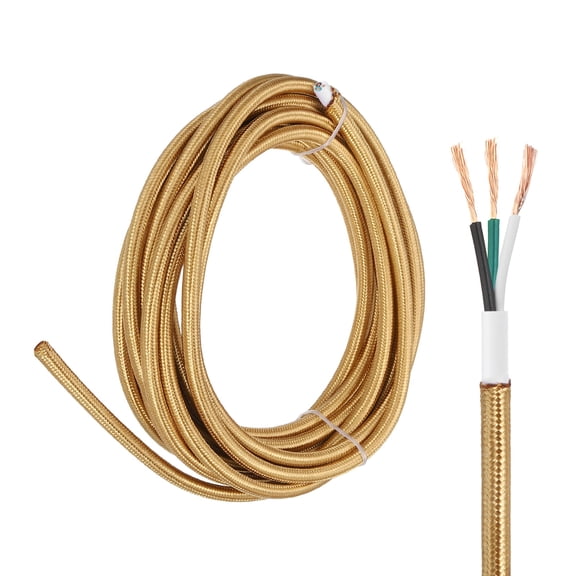 Uxcell 15Ft Cloth Covered Lamp Wire, UL Listed 18AWG 3 Conductor Fabric Vintage Industrial Cord, 300V SVT Braided Electrical Wire for DIY Lamp Parts Lighting Project, Light Gold