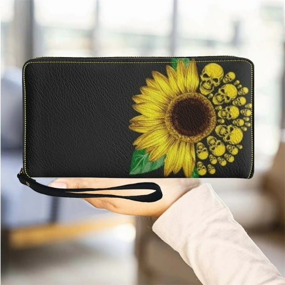 Sunflower with Skull Design Leather Women Wallets Travel Long Purse with Zipper Casual Card Holder Portable carteira feminina