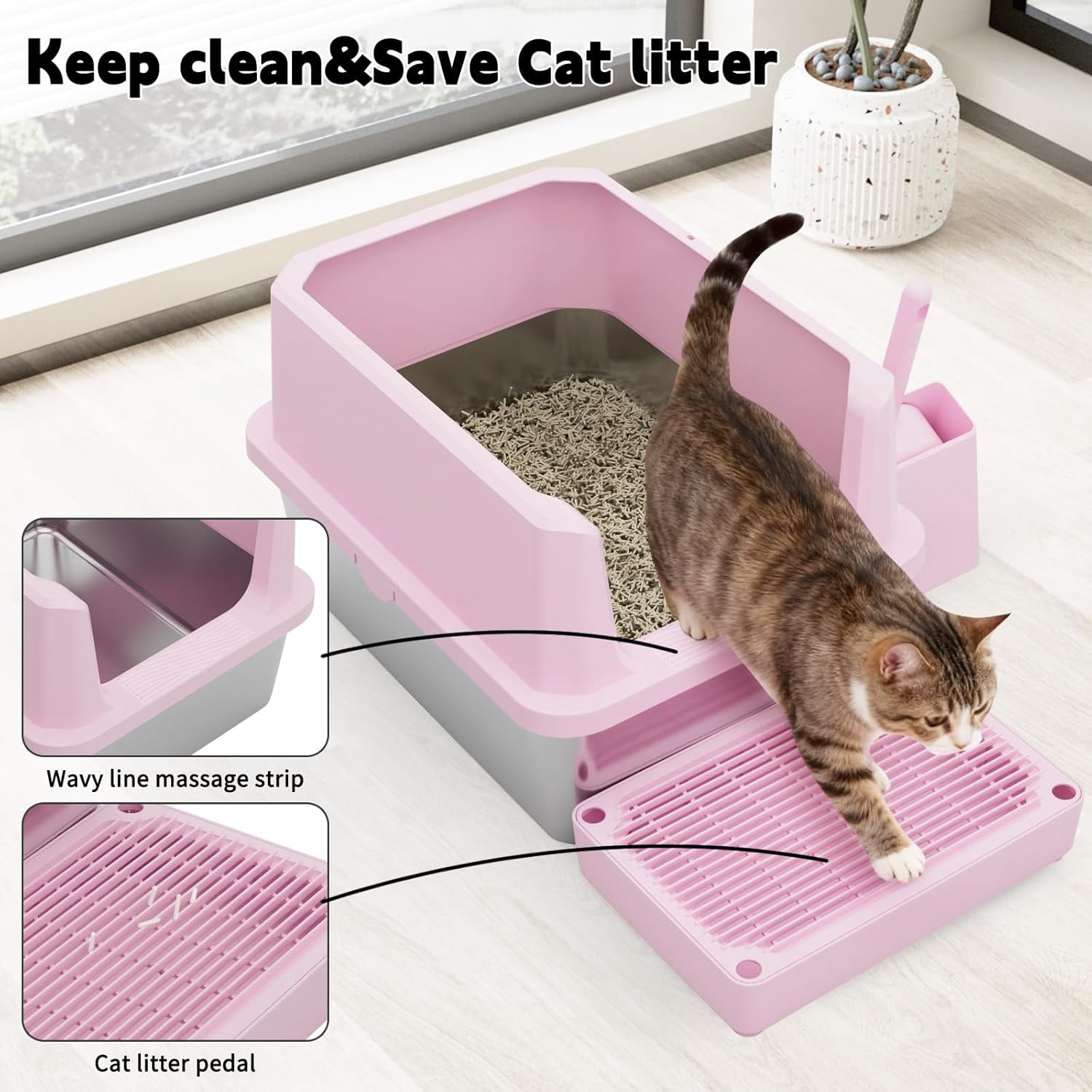 Cat Litter Box: Pink Stainless Steel Odor Control Pan - Easy Clean Non-Porous - 11.6" High Sides Anti-Scatter - Open Top for Fast Scooping - with Scoop - Apartment Bathroom/Laundry Room