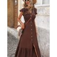 thumbnail image 2 of Brown Womens Shirred Vacation Dress With Flared Sleeves, Ruffle Hem, Textured Fabric, Midi Length, 2 of 8