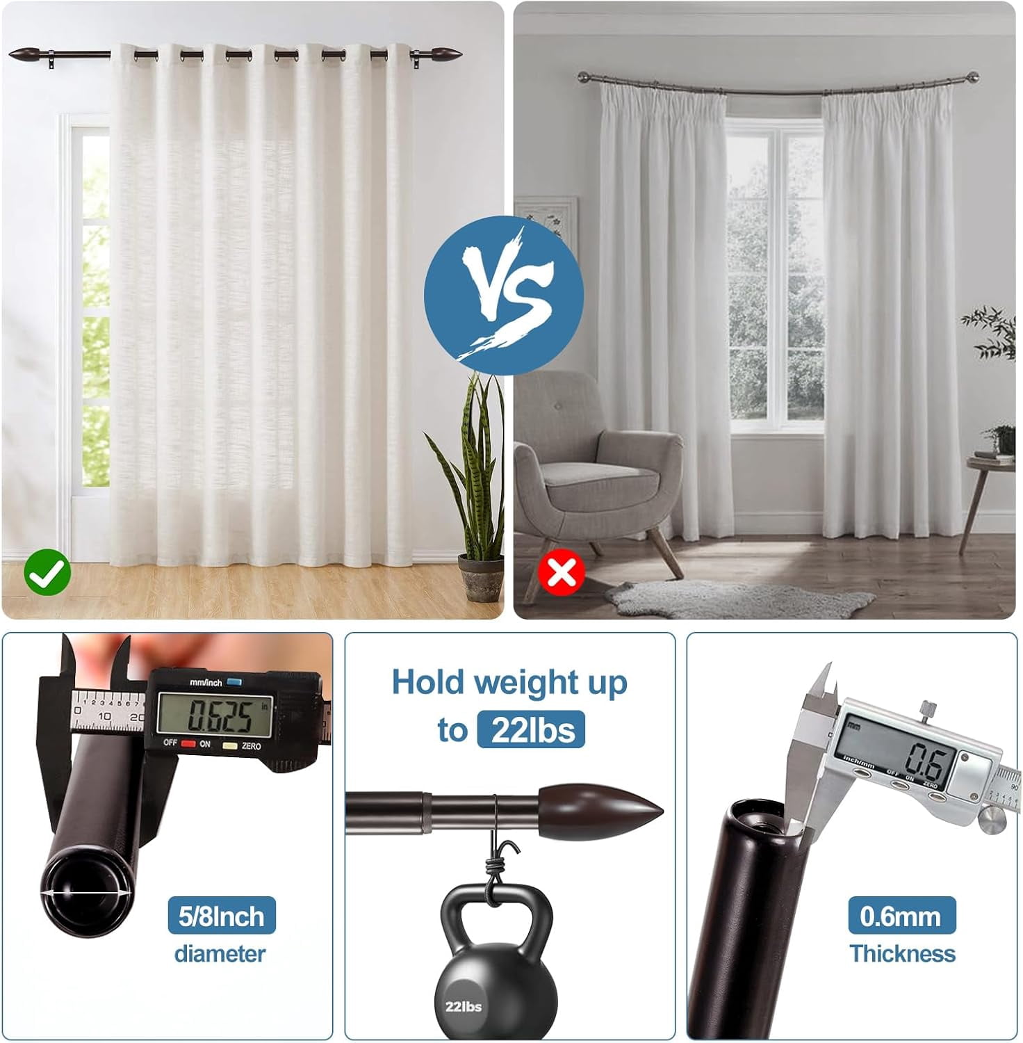 Urbanest Adjustable Single Curtain Rod Set Bullet Finials – 5/8-Inch Diameter, With Bronze Rod, 28–48 Inches