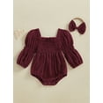 thumbnail image 4 of Miaouyo Infant Baby Girls Spring Fall Romper 0 3 6 12 18 Months Long Sleeve Square Neck Solid Color Romper with Headband, 4 of 9