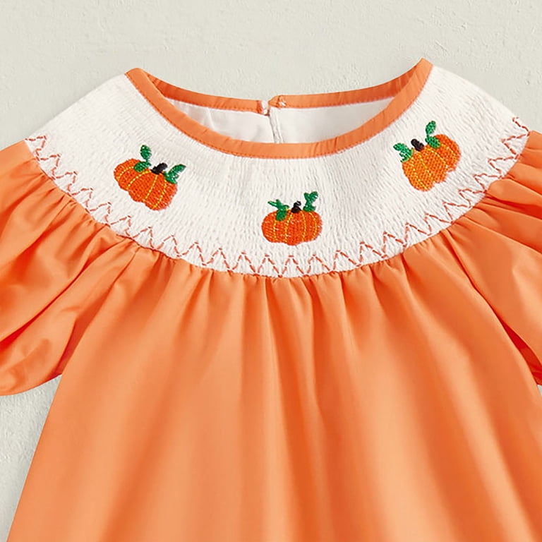 KPOPLK Kids Baby Girl Outfit Short Puff Sleeve Plaid Pumpkin Embroidery  Smocked Dress Toddler Fall Dress(4-5 Years,A62-Orange) - Walmart.com