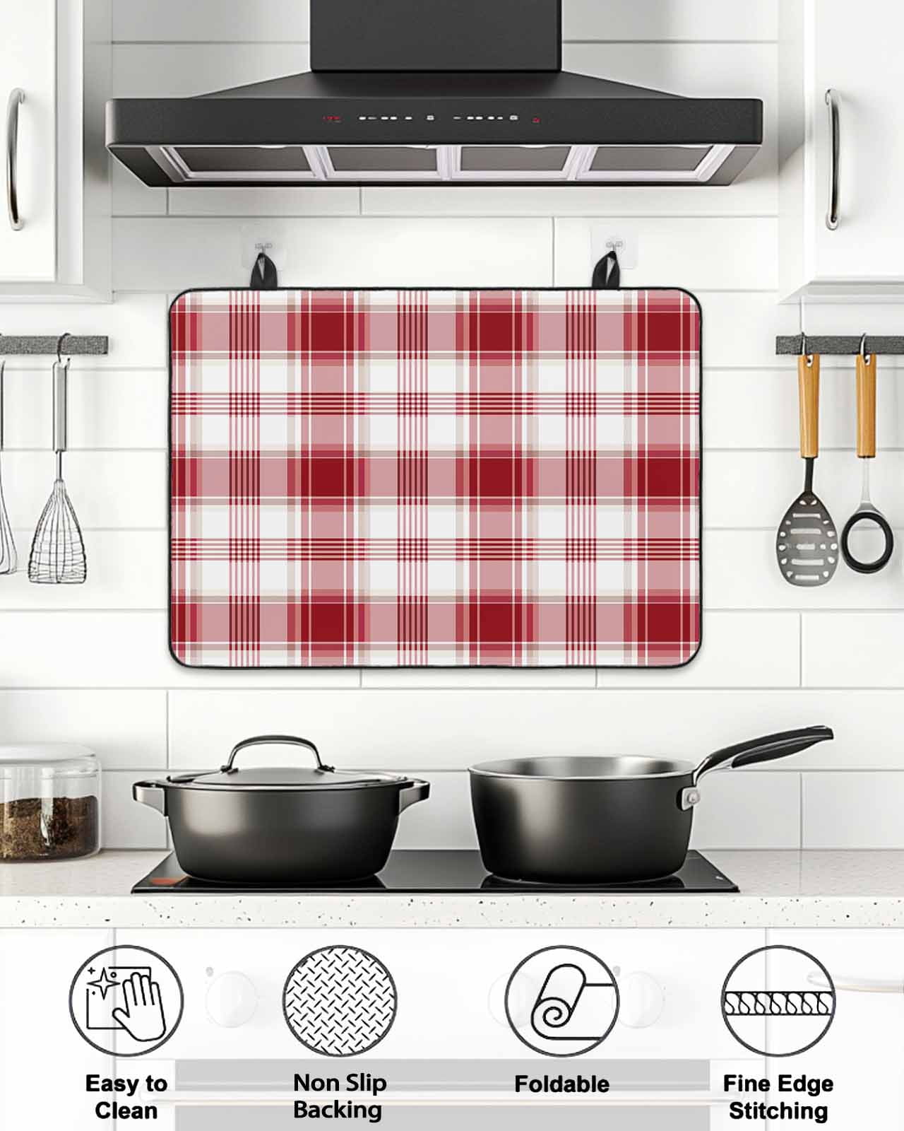 Stove Top Covers for Electric Stove, Red Checkered Glass Stovetop Cover Protector, Red White Plaid Farmhouse Induction Cooktop Protector Oven Mat for Kitchen Countertop 24"x21"