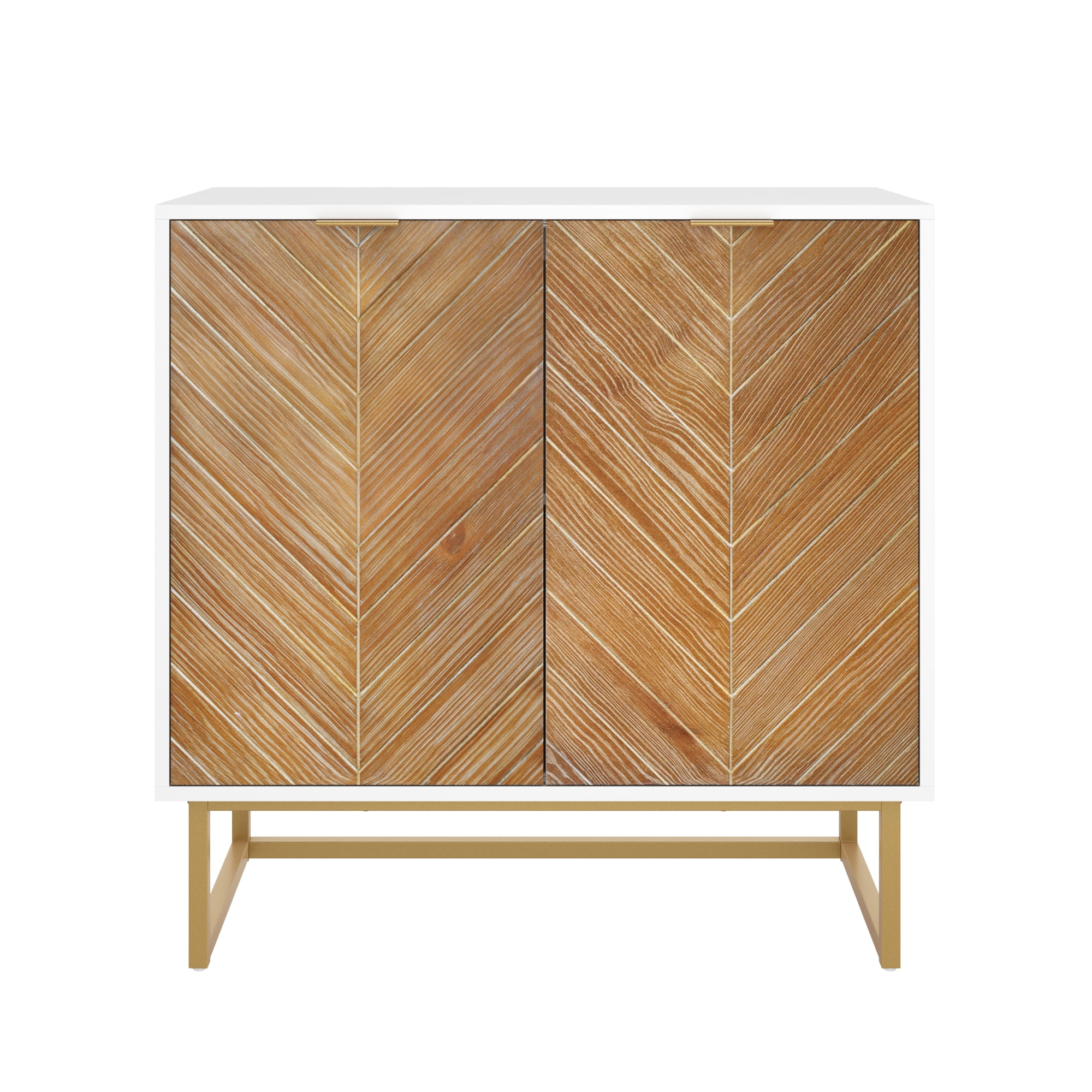 Nathan James Enloe White Frame Brown Rustic Doors Gold Base Free Standing Modern Storage Cabinet for Entryway