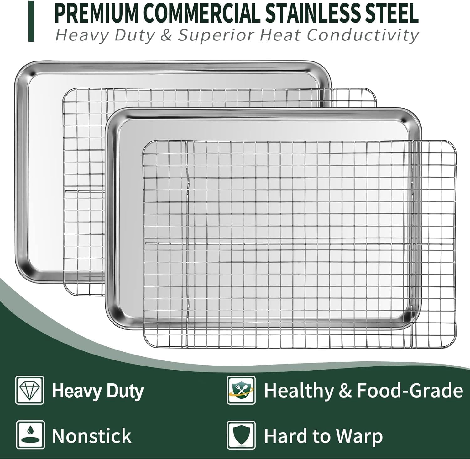 Small Baking Sheet with Rack Set [2 Cookie Sheets + 2 Racks], CEKEE Stainless Steel Pan and Grill - Rust & Warp Resistant Nonstick, Size 9.33 x 6.96 1 Inch