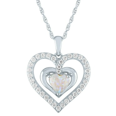 Ladies Brilliance Fine Jewelry Simulated Opal and CZ Sterling Silver Heart Pendant, 18"