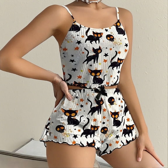 LIZUOJUN Halloween Pajamas For Women Set Pumpkin Print Camisole Top Shorts Set Spaghetti Strap Drawstring Waist Soft Breathable Lightweight Loungewear Home Pajamas - L