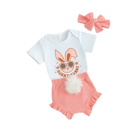 

Co.MMehjri Baby Girls 3 Piece Summer Easter Outfits Newborn Bunny Print Short Sleeve Romper and Ruffles Shorts Cute Headband 3 6 12 18 Months Infant Clothes