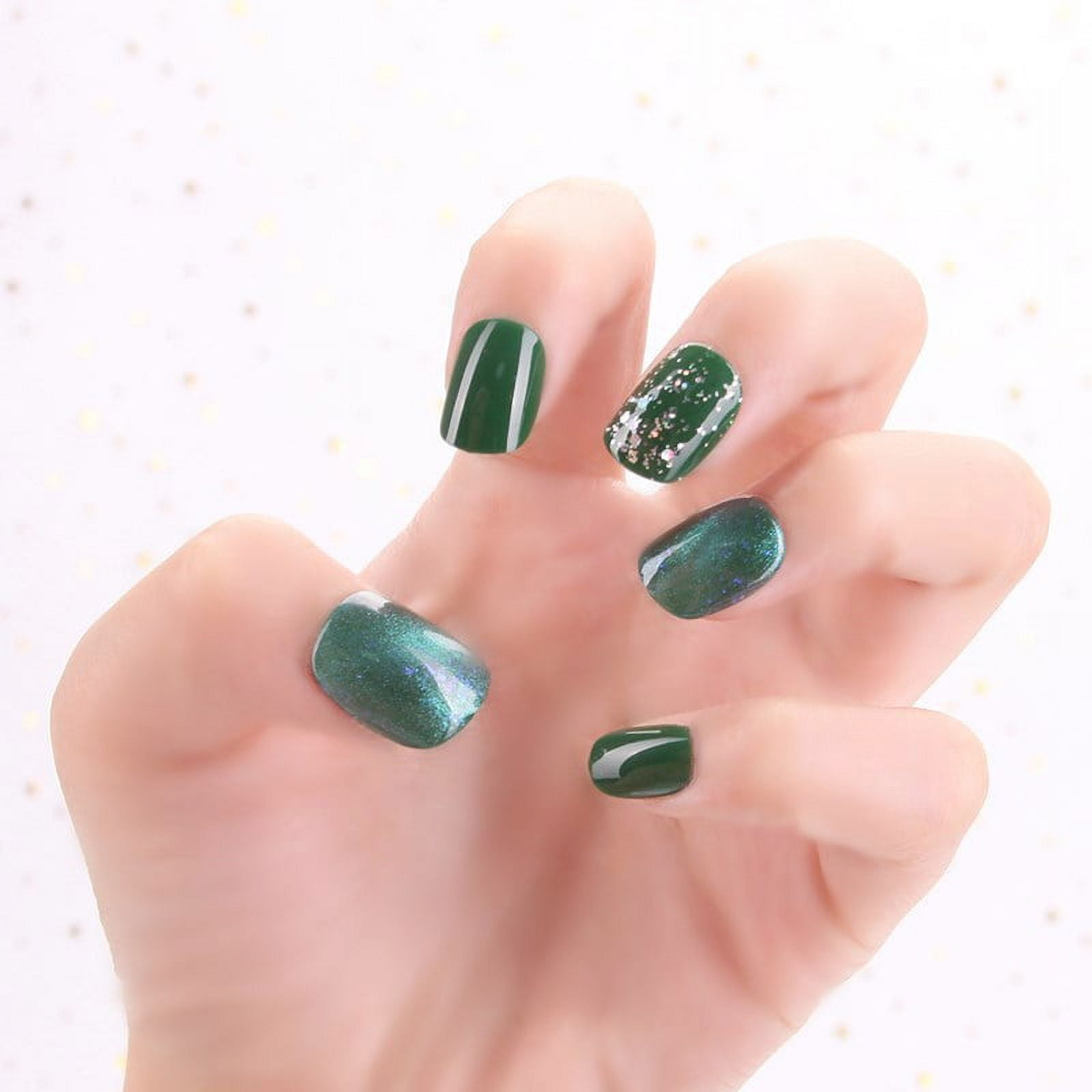 F66 Lvxiu Zhenfan Short Dark Green Cat'S Eye Fake Nail Patch Jelly Glue  24Pcs Short Green Press On Nails Cute Pearl Design Fake Nails Full Coverage  Artificial for Women & Girls with