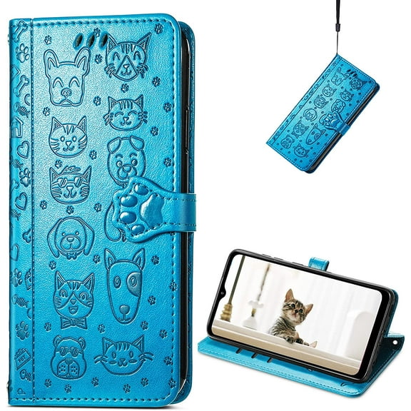 for Blackview A55 Wallet Case, Cat Dog Cartoon Cute Style with ID Card Holder PU Leather Flip Phone Cover Case for Blackview A55 MG Blue