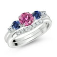 thumbnail image 2 of Gem Stone King 10K White Gold Pink Moissanite Blue Created Sapphire and White Lab Grown Diamond 5 Stone Bridal Engagement Wedding Ring Set for Women (0.89 Cttw, Round: 5MM and 3MM, Size 5), 2 of 6
