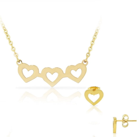Stainless Steel Yellow Gold-Tone Love Heart Chain Necklace Stud Earrings Set