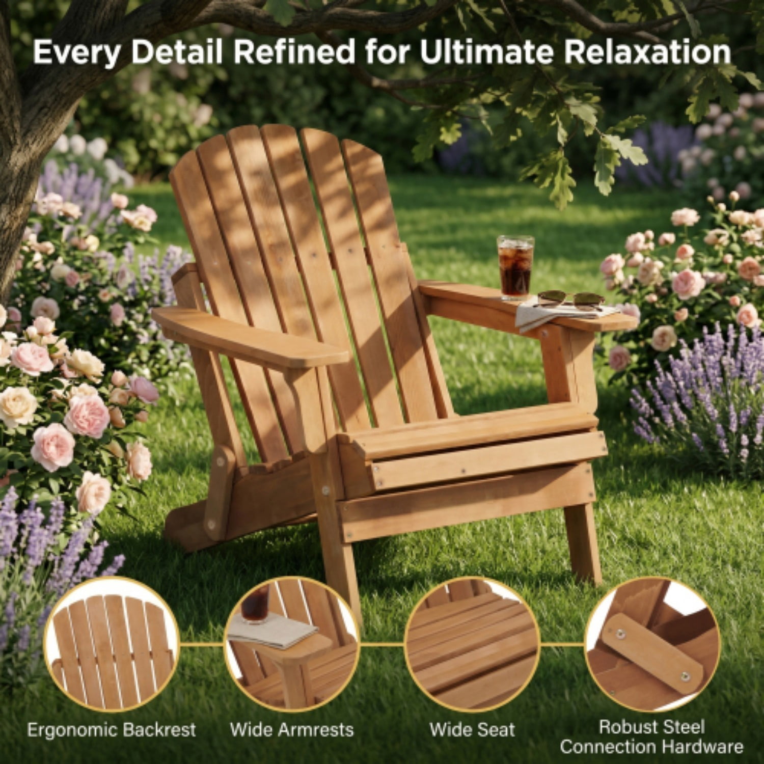 Oversized Adirondack Chair, Wooden Outdoor Folding Patio Chair with Pre-Assembled Backrest & Seat, 330 lb Capacity for Garden, Porch, Pool, Light Brown