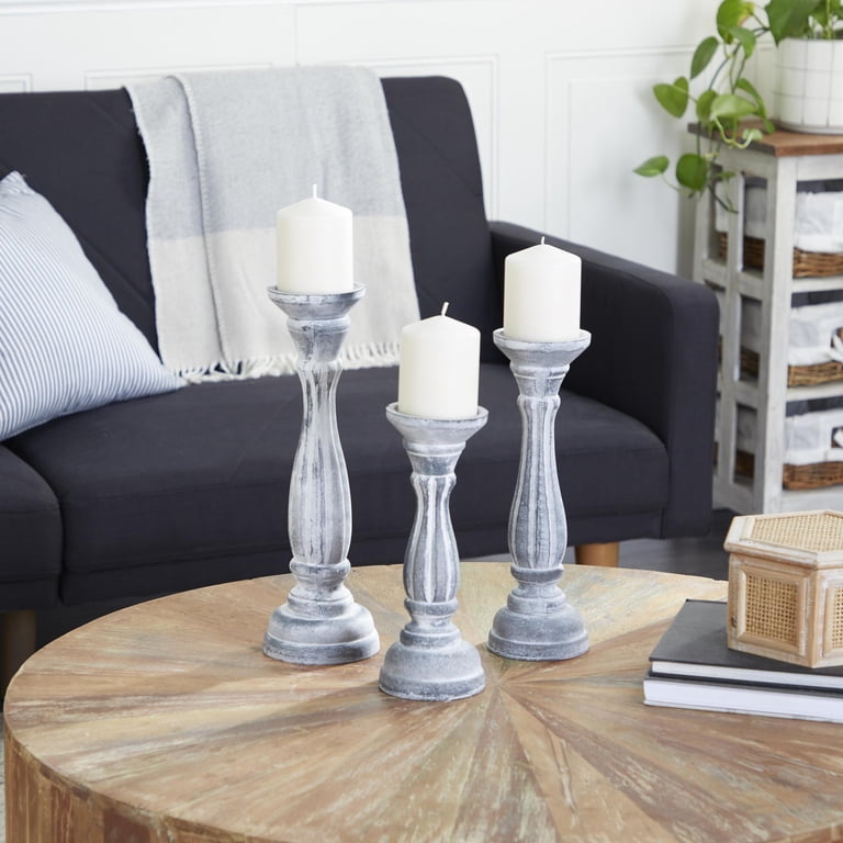 DecMode Gray Wood Pillar Candle Holder Set, 3-Piece photo 2