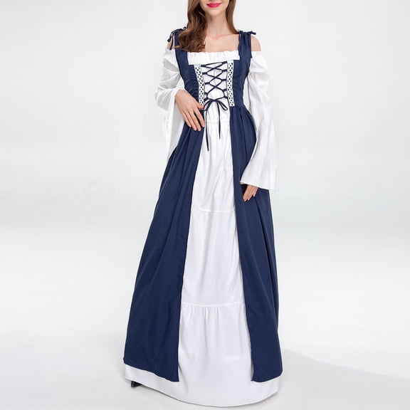 UPPADA Women's Renaissance Costumes Cold Shoulder Lace Up Medieval Peasant Dress Vintage Ren Faire Corset Dresses Halloween Costumes Dark Blue,L